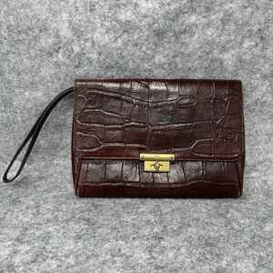 Vintage Fossil Leather Clutch Croc Embosssed Brown Handbag Twist Lock Wristlet